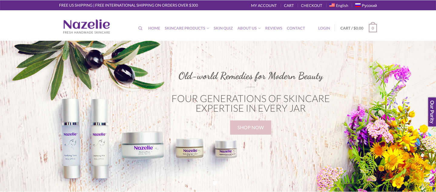 Nazelie — skincare met geschiedenis. De Engelse homepage (de Russische versie staat op dezelfde installatie), gebouwd op WordPress + WooCommerce met WPML dat de volledige content-, taxonomie- en productattribuutvertaling verzorgt. Opgepikt door WPML en vermeld op wpml.org als referentie-implementatie.